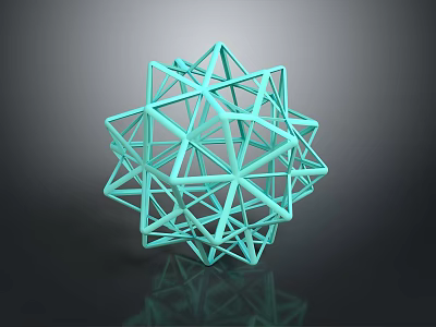 Turquoise Geometric Polyhedron 3D Wireframe Structure With Reflective Surface On Dark Background 3d model