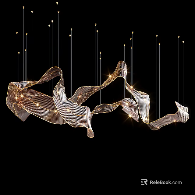 Unique Irregular Chandelier With Curved Metallic Ribbon Design And Illuminated Lighting 3d model 