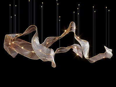Unique Irregular Chandelier With Curved Metallic Ribbon Design And Illuminated Lighting 3d model
