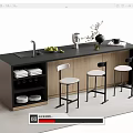 Modern Bar Counter With Black Countertop Wooden Cabinets Sink Stools Coffee Maker And Fruits