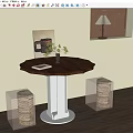 Elegant Dining Table Set Featuring Octagonal Wooden Top White Pedestal Square Stools And Decorative Plants