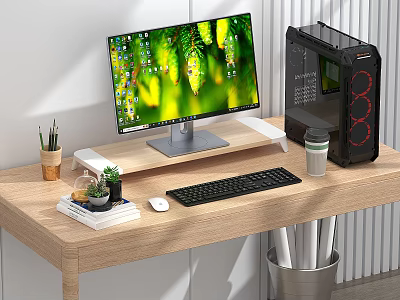 Modern Desktop PC Setup on Wooden Desk with Monitor Case Keyboard Mouse and Potted Plant 3d model