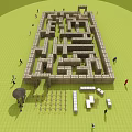 Large Outdoor Maze Amusement Equipment With Stone Paths Colorful Flags And Grassland Surrounding