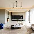 Modern Living Dining Area Interior With Curved Sofa Blue Chairs Coffee Table Chandelier And Rug