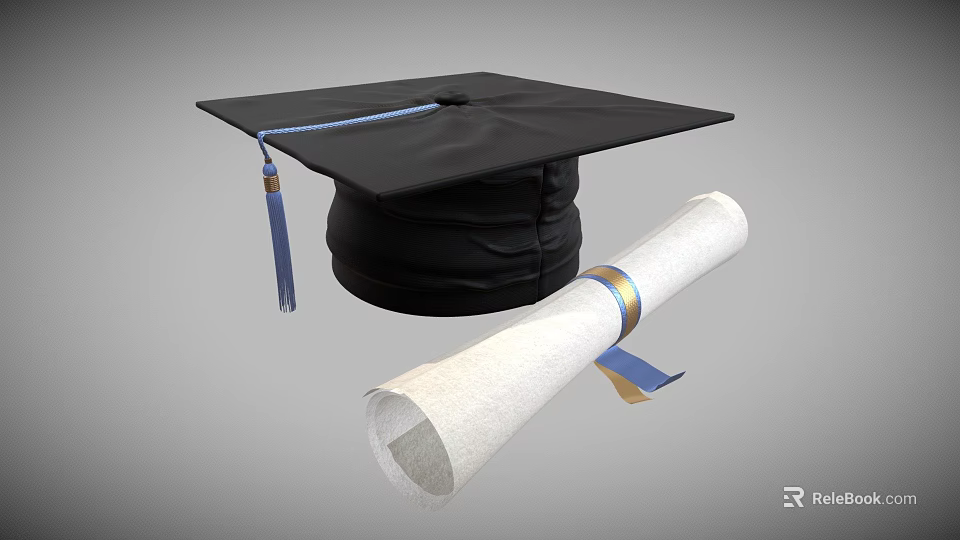 Classic Black Graduation Cap With Blue Tassel And Rolled Diploma Scroll 3d model 
