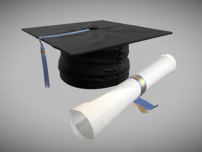 Classic Black Graduation Cap With Blue Tassel And Rolled Diploma Scroll 3d model