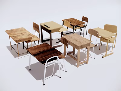 Classroom study desks and chairs 3d model