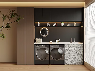 Modern Laundry Room With Double Washing Machines Black Cabinets And Marble Countertop 3d model