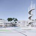 White Modern Sales Office Building With Spiral Staircase Water Pool And Trees At Night