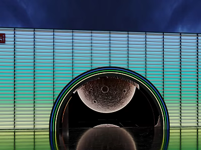 Contemporary Arched Entrance Building With Striped Facade Moon Display And Reflection Against Teal Sky 3d model
