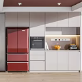 Modern Open Kitchen Interior With Red Refrigerator Gray Cabinets And White Appliances