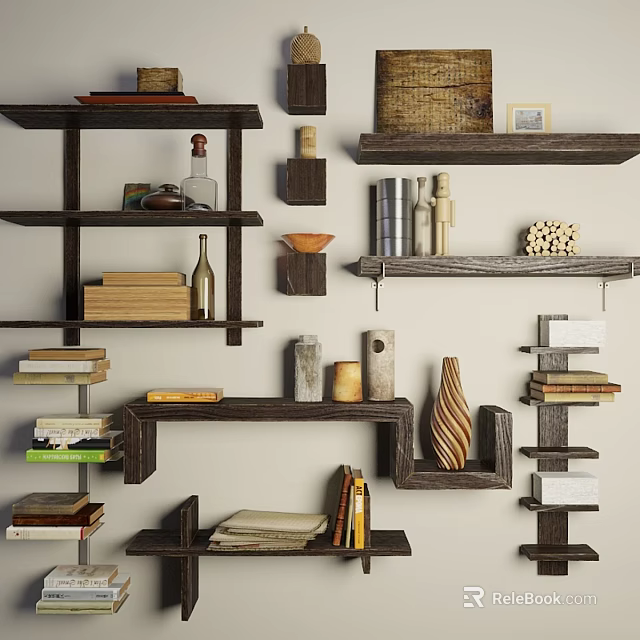 Creative Wall Decor Featuring Wooden Shelves With Books Vases And Decorative Items 3d model 