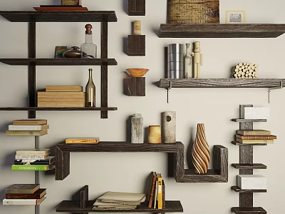 Creative Wall Decor Featuring Wooden Shelves With Books Vases And Decorative Items 3d model