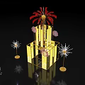 Art Installation With Yellow Illuminated Structure Red Pink Firework Decorations White Light Poles And People