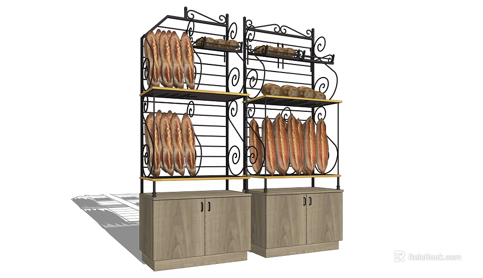 Ornate Metal Display Shelves with Wooden Base Cabinets and Bread Loaves 3d model 