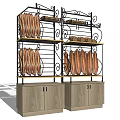 Ornate Metal Display Shelves with Wooden Base Cabinets and Bread Loaves