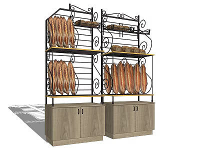 Ornate Metal Display Shelves with Wooden Base Cabinets and Bread Loaves 3d model