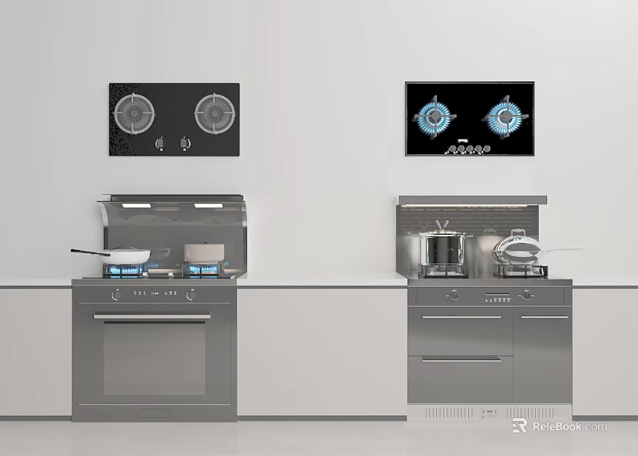Modern Stainless Steel Kitchen Appliances With Range Hoods Cooktops Oven And Cabinets 3d model 