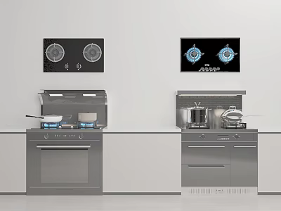 Modern Stainless Steel Kitchen Appliances With Range Hoods Cooktops Oven And Cabinets 3d model