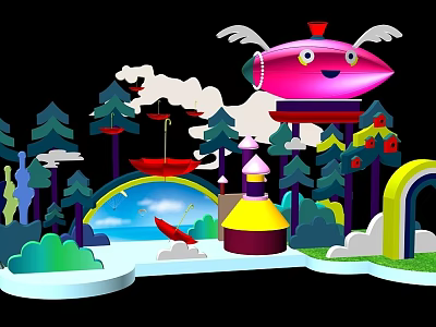 Pink Winged Airship Flying Over Colorful Fairy Tale Scene With Trees Rainbow Cottage And Clouds 3d model