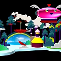 Pink Winged Airship Flying Over Colorful Fairy Tale Scene With Trees Rainbow Cottage And Clouds