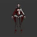 Elven Fantasy Character in Red and White Outfit with Cloak Striped Stockings and High Heels