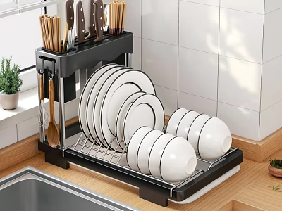 Modern Black Kitchen Rack With Plates Bowls Knives And Utensils Storage Organizer 3d model