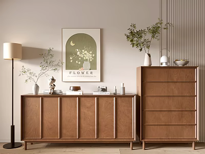 Modern Wooden Entryway Cabinet and Side Cabinet with Potted Plants Lamp and Flower Wall Art 3d model
