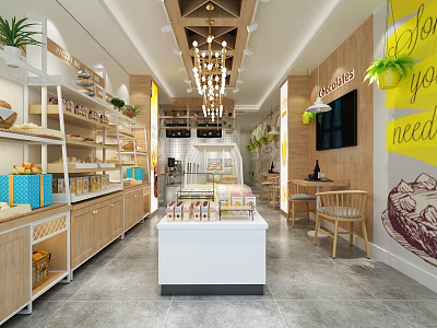 Elegant Dessert Shop Interior With Glass Display Cases Wooden Shelves And Hanging Chandeliers 3d model