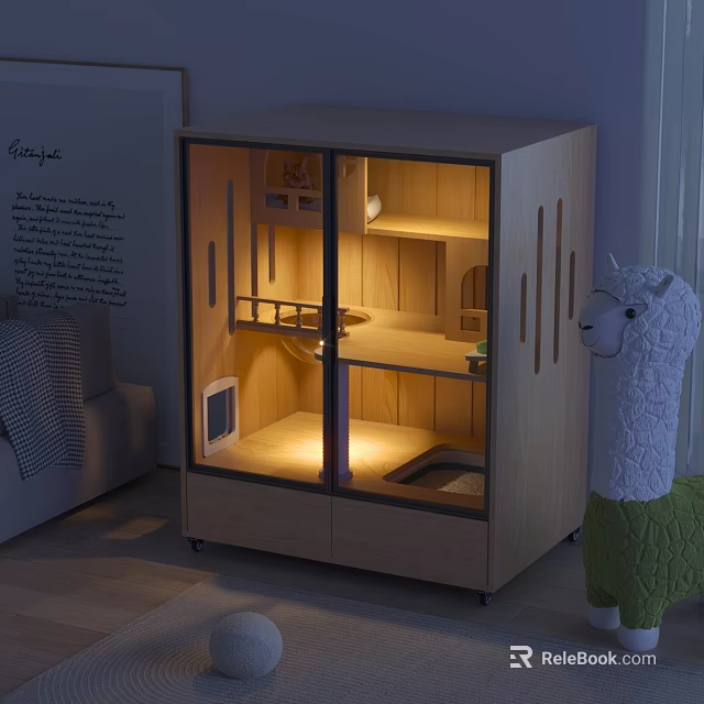 Miniature Garden Decor Display in Wooden Glass Door Cabinet with Warm Lighting and Alpaca Ornament 3d model 