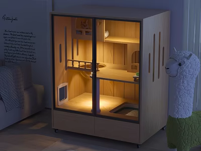 Miniature Garden Decor Display in Wooden Glass Door Cabinet with Warm Lighting and Alpaca Ornament 3d model