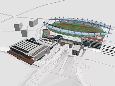 3D Model Of Modern Stadium With Surrounding Buildings And Glass Roof Design 3d model