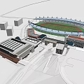 3D Model Of Modern Stadium With Surrounding Buildings And Glass Roof Design
