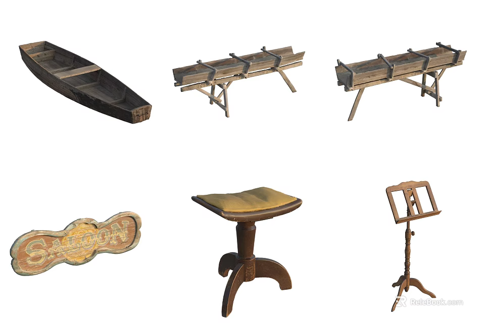 Vintage Wooden Stools With Carved Legs And Various Design Styles 3d model 