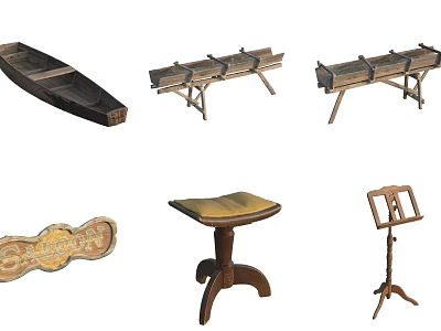 Vintage Wooden Stools With Carved Legs And Various Design Styles 3d model