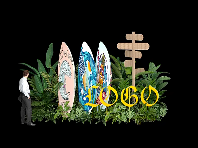 Event Entrance Decorated with Colorful Surfboards Green Foliage Wooden Sign and Yellow Logo 3d model