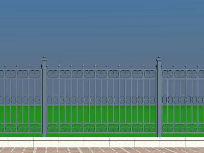 Ornate Iron Fence With Spiked Top Green Base And Brick Floor Against Blue Sky 3d model