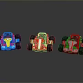 Three Colorful Karts Blue Red and Red White On Gray Background With Clear Reflections