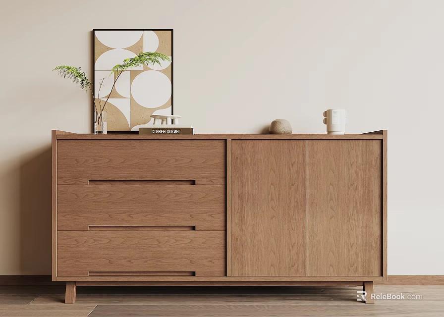 Wooden Entryway Console Side Cabinet with Drawers Doors Wall Art and Potted Plant Decor 3d model 