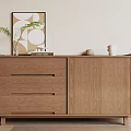 Wooden Entryway Console Side Cabinet with Drawers Doors Wall Art and Potted Plant Decor