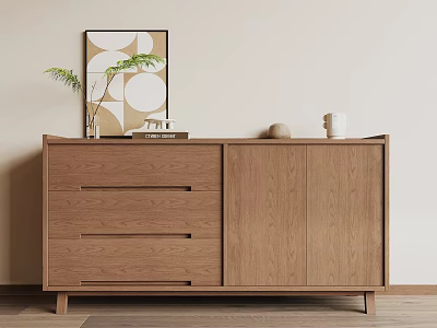 Wooden Entryway Console Side Cabinet with Drawers Doors Wall Art and Potted Plant Decor 3d model