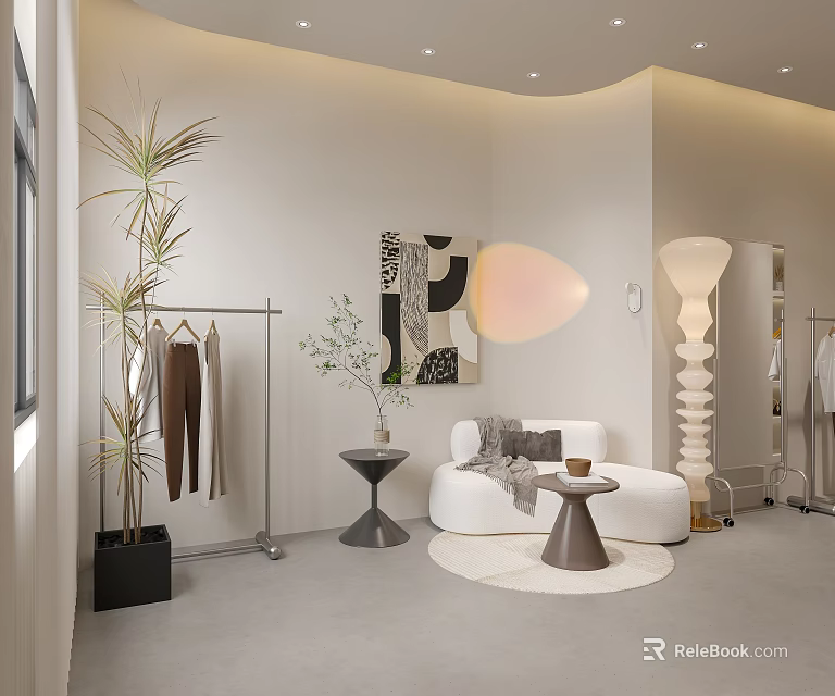Modern Clothing Store Interior Design With Clothing Rack Sofa Floor Lamp And Wall Art 3d model 