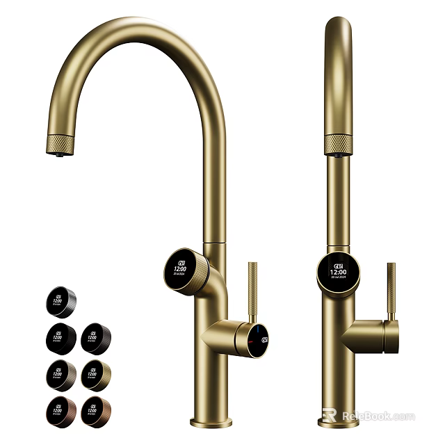 Modern Golden Kitchen Faucets With Black Control Knobs And Sleek Design 3d model