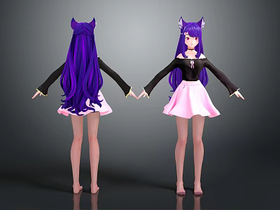 Two Anime Cat Eared Girls With Long Purple Hair Black Top Pink Skirt Holding Hands 3d model