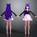 Two Anime Cat Eared Girls With Long Purple Hair Black Top Pink Skirt Holding Hands