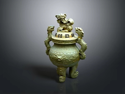 Ancient Chinese Bronze Censer With Lion Shaped Lid Dragon Handles And Ornate Patterns 3d model