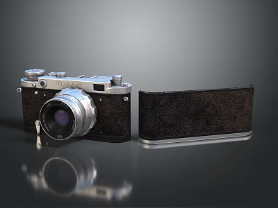 Vintage Digital Camera with Silver Black Body Textured Leather Case and Lens 3d model