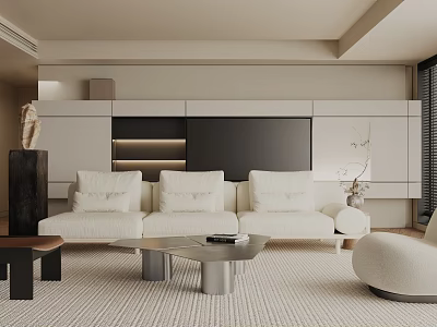 Modern Living Room Interior Design With White Sofa Coffee Table And Decorative Wall Unit 3d model