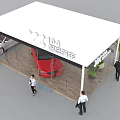 Modern Exhibition Booth With Glass Structure Red White Cars Green Plants And Visitors