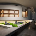 Modern Minimalist Indoor Landscape With Wooden Lattice Sand Tray Green Moss And Gray Stones